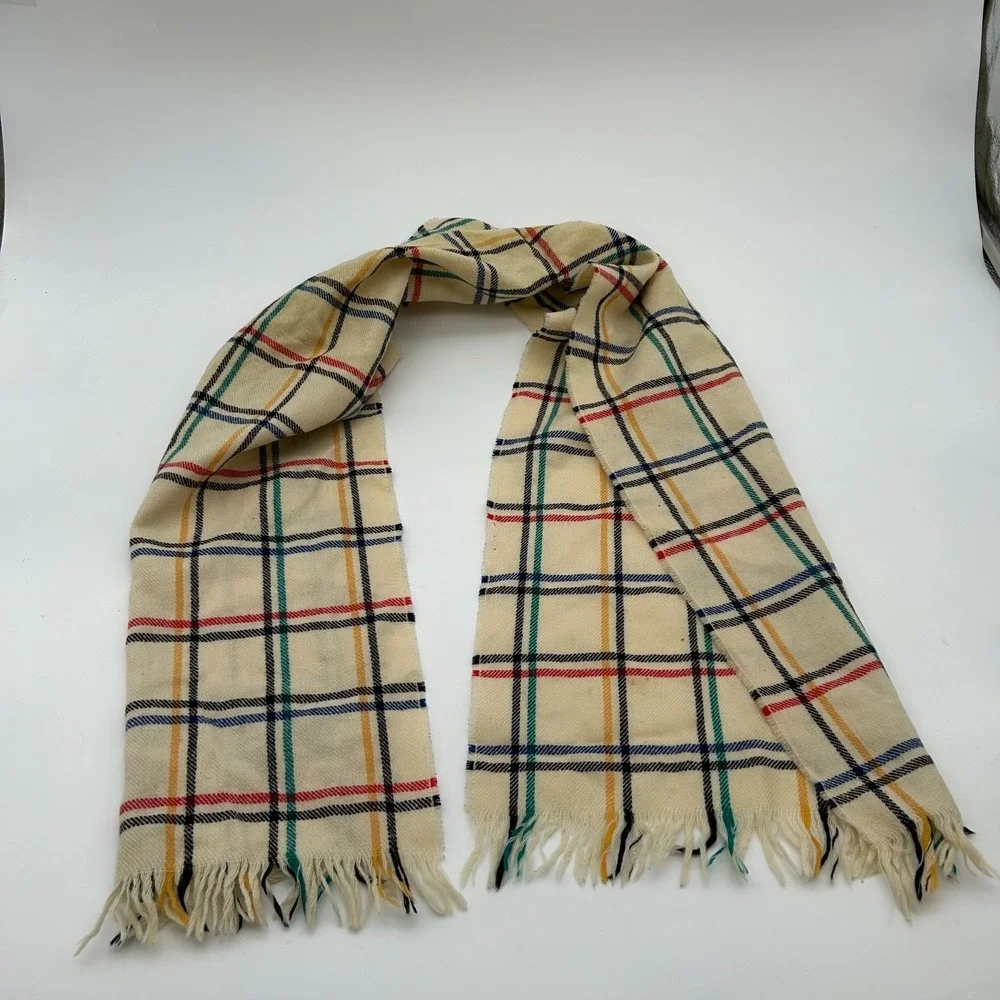 Vintage Pendleton Virgin Wool Scarf Men's Cream Plaid USA Made - One Size